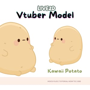 May include: Illustration of two cartoon potatoes with arms and legs, blush, and small eyes. The text "LIVE2D Vtuber Model" is above the potatoes, and "Kawaii Potato" is below. The potatoes are light brown on a white background.