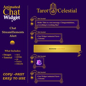 Può includere: Un'illustrazione digitale di una carta dei tarocchi con una luna crescente e una stella su uno sfondo viola. La carta è circondata da due mani dorate con un occhio al centro. Il testo "MsCelestial" appare nell'angolo in alto a sinistra della carta. Il testo "Chat Widget Animated Tarot - Celestial." appare sotto la carta.