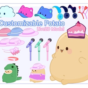 May include: A customizable potato character with a pink and white cake hat, pink and white hats, a green dinosaur costume, a pink dress, microphones, and other accessories. The text "Customizable Potato Live2D Model" is at the top of the image.