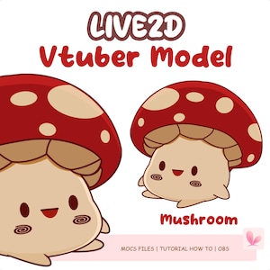 Puede incluir: Un personaje de dibujos animados de hongo con un gorro rojo y un cuerpo marrón. El personaje tiene una expresión feliz con los ojos cerrados y una amplia sonrisa. El texto "LIVE2D Vtuber Model" está por encima del personaje y el texto "Mushroom" está por debajo del personaje.