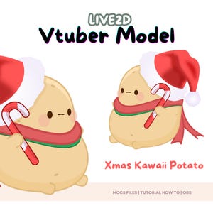 以下が含まれることがあります： サンタの帽子と赤いマフラーをつけた、笑顔のポテトのキャラクター。キャンディーケーンを持っています。ポテトのキャラクターの下に「Xmas Kawaii Potato」というテキストがあります。画像の上部に「LIVE2D Vtuber Model」というテキストがあります。