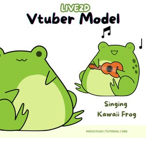 May include: A green cartoon frog playing a ukulele with the text "Singing Kawaii Frog" and "LIVE2D Vtuber Model" above it.