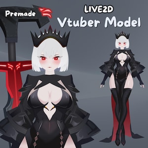 Peut inclure: Un modèle Vtuber LIVE2D pré-fait avec une tenue noire et rouge, des cheveux blancs et une couronne. Le modèle est présenté en deux poses, l'une avec une épée et l'autre debout.