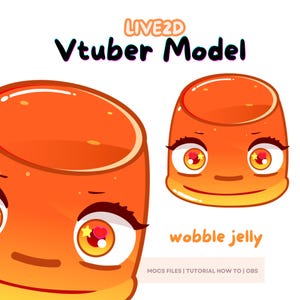 Puede incluir: Una ilustración de dibujos animados de un personaje de gelatina rojo y naranja con ojos grandes y una sonrisa. El personaje está etiquetado como "wobble jelly" y se describe como un modelo Live2D Vtuber. El texto "MOCS FILES | TUTORIAL HOW TO | OBS" también está incluido en la imagen.