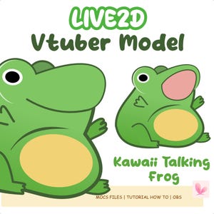 Puede incluir: Ilustración digital de dos ranas de dibujos animados. Las ranas son verdes con vientres amarillos y orejas internas rosas. El texto en la parte superior dice "LIVE2D Vtuber Model", y debajo, "Kawaii Talking Frog". El texto adicional en la parte inferior incluye "MOCS FILES | TUTORIAL HOW TO | OBS."