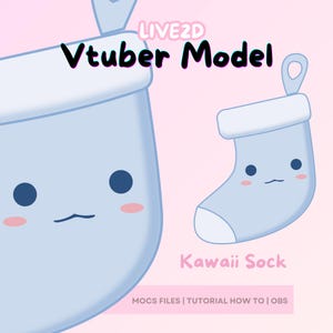 Può includere: Un calzino blu con un viso carino e un polsino bianco. Il calzino è etichettato "Kawaii Sock" ed è un modello Vtuber Live2D. Il testo "MOCS FILES | TUTORIAL HOW TO | OBS" è nella parte inferiore dell'immagine.