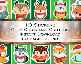 May include: Ten digital stickers featuring cute cartoon Christmas critters. The critters are wearing Santa hats, scarves, and other festive attire. The stickers are perfect for adding a touch of holiday cheer to your digital projects.