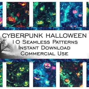 May include: Ten digital seamless patterns featuring a cyberpunk Halloween theme with neon green, blue, and red colors. The patterns include skulls, pumpkins, and other Halloween imagery.