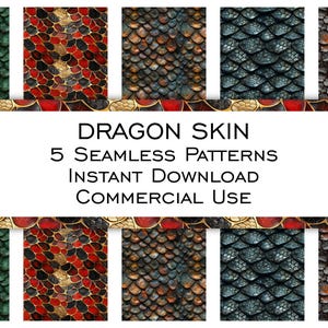 Può includere: Cinque motivi di pelle di drago senza cuciture in vari colori, tra cui verde, rosso, oro e blu. L'immagine include il testo "DRAGON SKIN 5 SEAMLESS PATTERNS INSTANT DOWNLOAD COMMERCIAL USE."