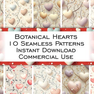 Papel digital. Corazones botánicos: Elegantes patrones sin costuras para San Valentín con motivos florales y naturales. Para uso comercial.