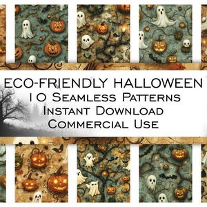 Digitales Papier, UMWELTFREUNDLICHES HALLOWEEN-Muster Nahtlose, hochwertige Bilder im Stil ökologischer Halloween, freie kommerzielle Nutzung