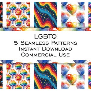 May include: Five seamless digital patterns featuring rainbow colors, hearts, stars, and rainbows. The patterns are perfect for crafting, scrapbooking, and digital design projects.  LGBTQ 5 Seamless Patterns Instant Download Commercial Use