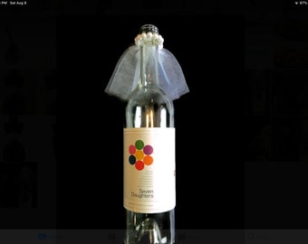 Bridal veil bottle decor, wedding veil whimsical topper for a bottle of wine or champagne to give or display. Great shower idea!