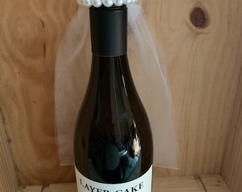 Long Bridal veil bottle decor, wedding veil whimsical topper for a bottle of wine or champagne to give or display. Great shower idea!