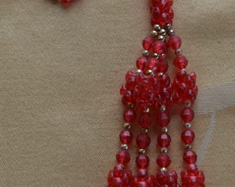 Red Tassel Necklace, Plastic, Vintage, Long, Gold tone, 28"