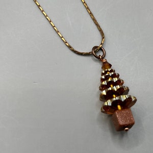Smokey Topaz Crystal, Goldstone Christmas Tree Pendant Necklace, 18”, Vintage (Z2)