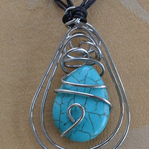 Turquoise Howlite Wire Wrapped Pendant Necklace, Vintage, Black Cord, 21&quot;-23-1/2&quot;, Silver tone