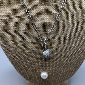 White Faux Pearl, Crystal Heart “Y” Necklace, 18”, Vintage (T7)