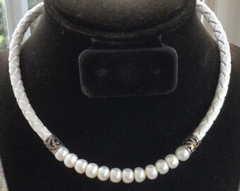 vintage 340210 stamped 925 M 925 silver pearl Pendant with leather chain 15+2 Sterling silver handmade necklace