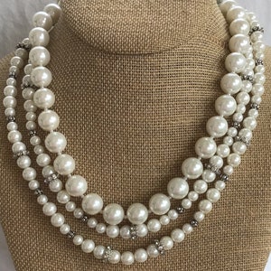 White Faux Pearl Multi-strand, Rhinestone Necklace, Interchangeable, Vintage, 15”-18”