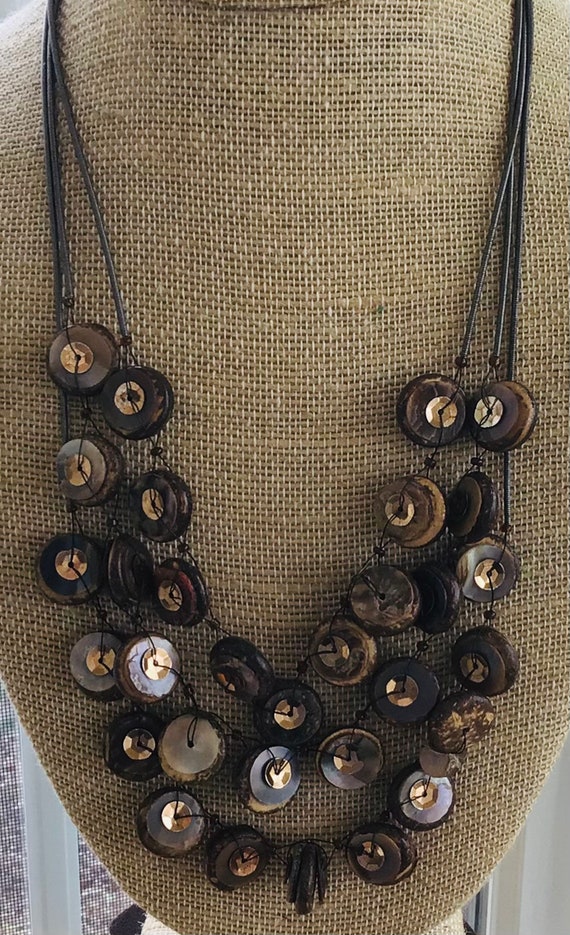 Brown Coconut Shell, Gold Sequin Multi-strand Nec… - image 2