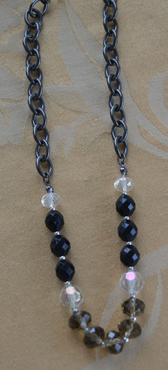 Black, Brown, Clear Beaded, Gray Chain Necklace, V