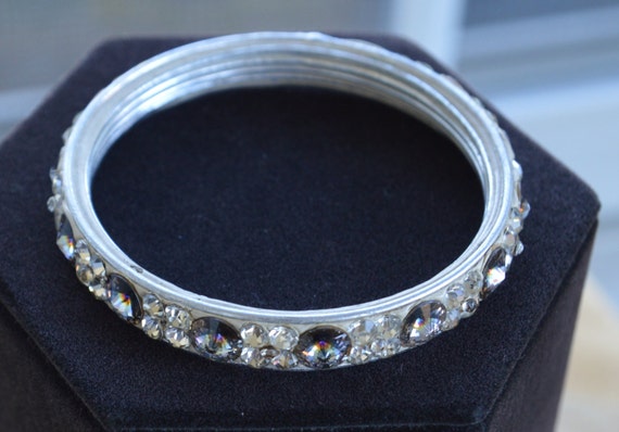 Sparkly Vintage Gray, Clear Rhinestone Bangle Bracelet