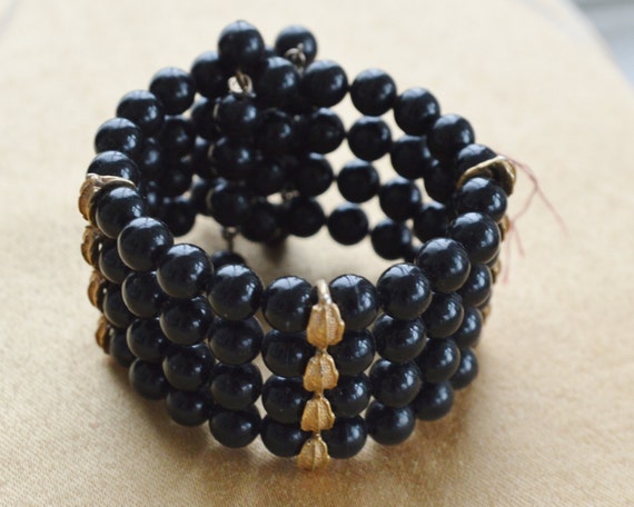Pretty Vintage Black Plastic Beaded Wrap Bracelet… - image 2