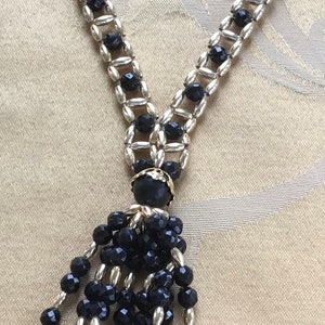 Black Faux Crystal, Gold tone Beaded Tassel Necklace, Vintage, (A5)
