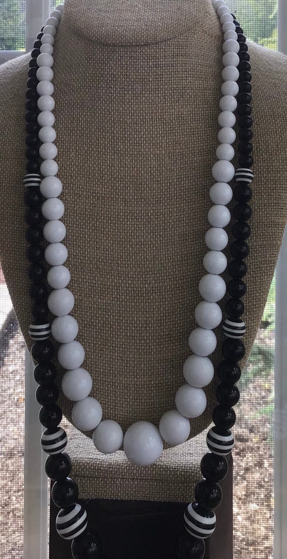 Black, White Plastic Beaded Double Strand Necklac… - image 1