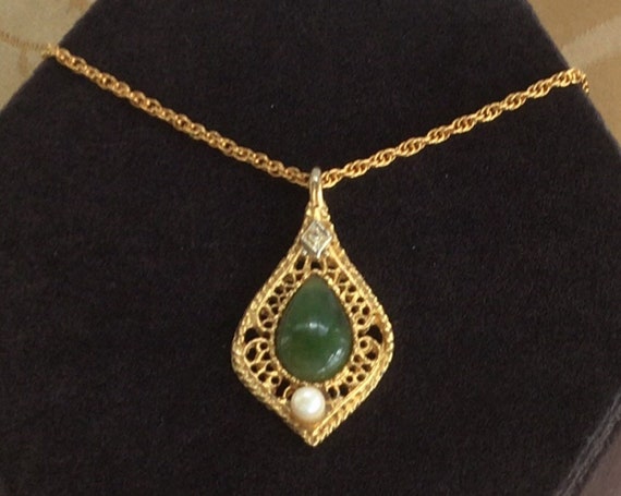 Green Jade, Faux Pearl, Faux Diamond Pendant Neck… - image 1