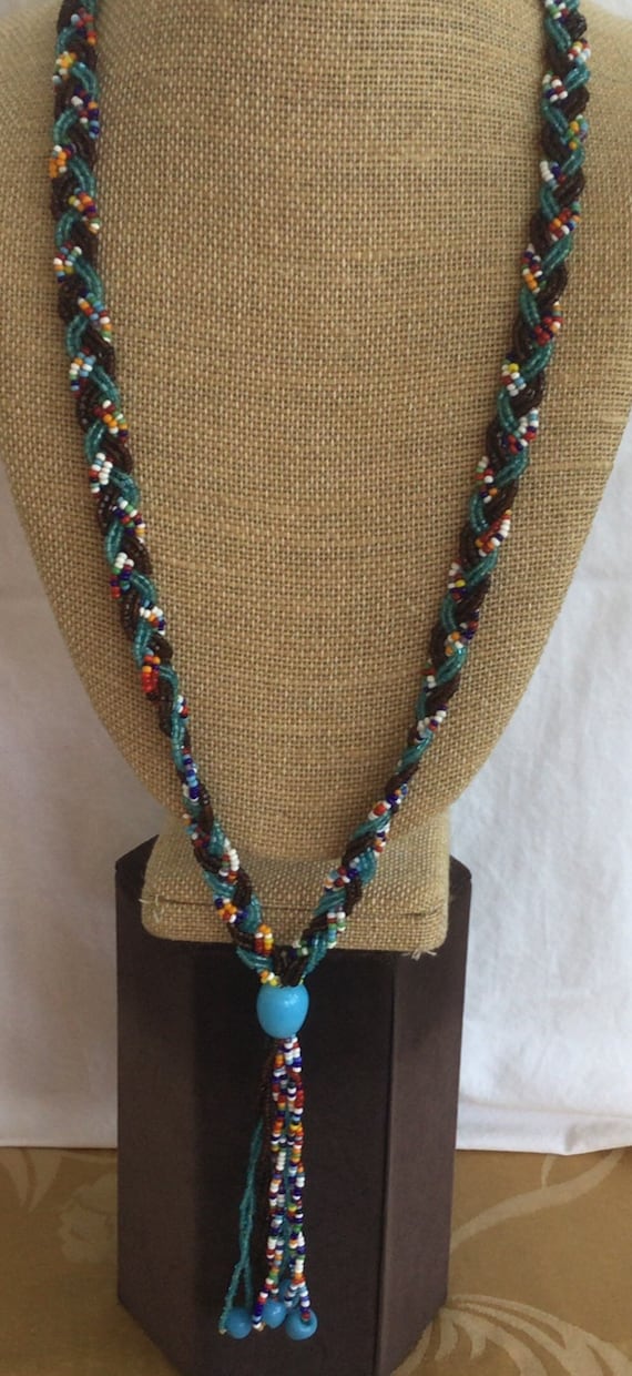 Blue, Brown, Multi-colored Glass Beaded Woven Tas… - image 2