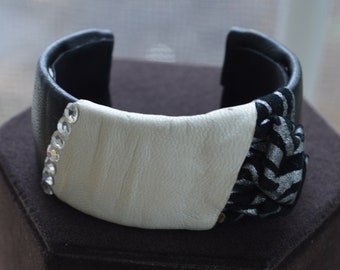 Black, Off White Faux Leather Cuff Bracelet, Faux Rhinestone, Vintage (N6)