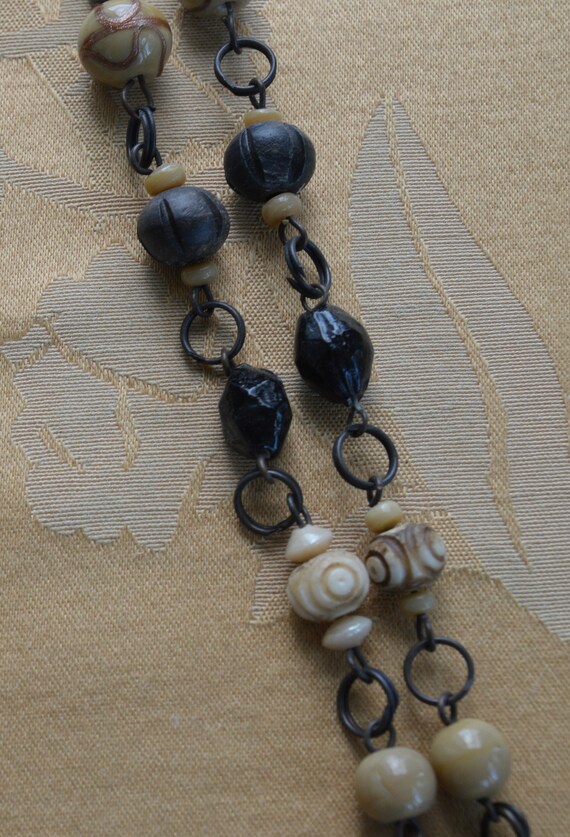 Black, Beige Copper Pendant, Beaded Necklace, Vin… - image 4