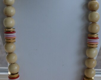 Pretty Vintage 18mm Light Beige Wooden Beaded, Multi-Colored Plastic Beaded Necklace, Gold tone, 30"