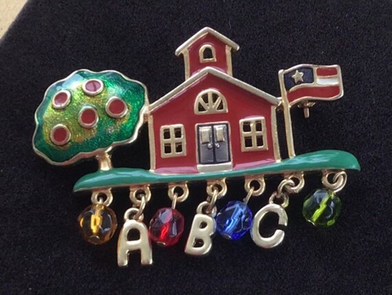 Colorful School house, ABC Brooch, Pin, Gold tone… - image 1