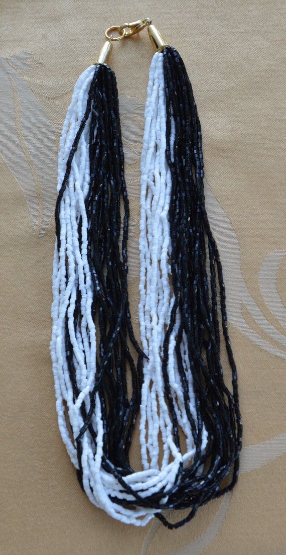 Black, White Glass Seed Bead Necklace, 20", Vinta… - image 2