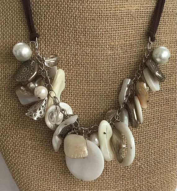 White Mother of Pearl Shell, Silver tone Charm Ne… - image 1