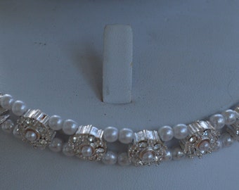 Faux Pearl, Rhinestone Choker Necklace, Vintage, Silver tone, Adjustable, 12-1/2"-15-1/2" (G9)