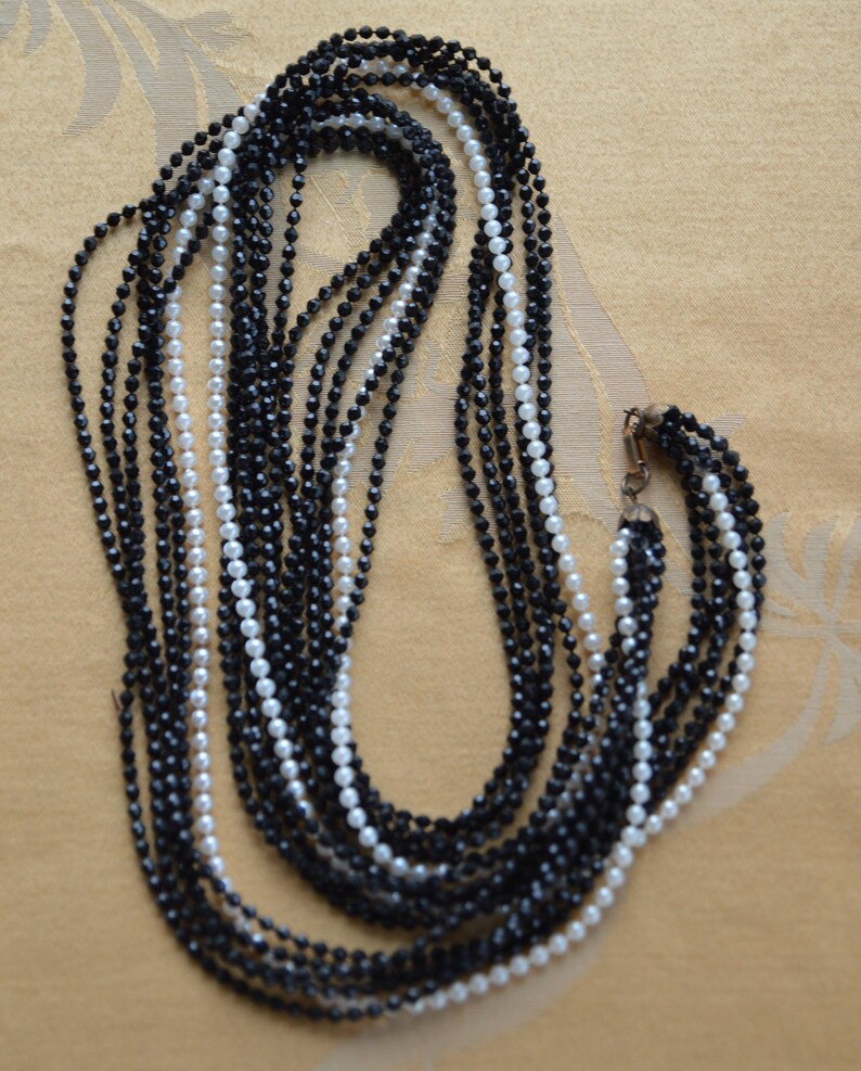 Faux Pearl Beaded Multi-Strand Necklace 50 M14 Black Faceted Vintage