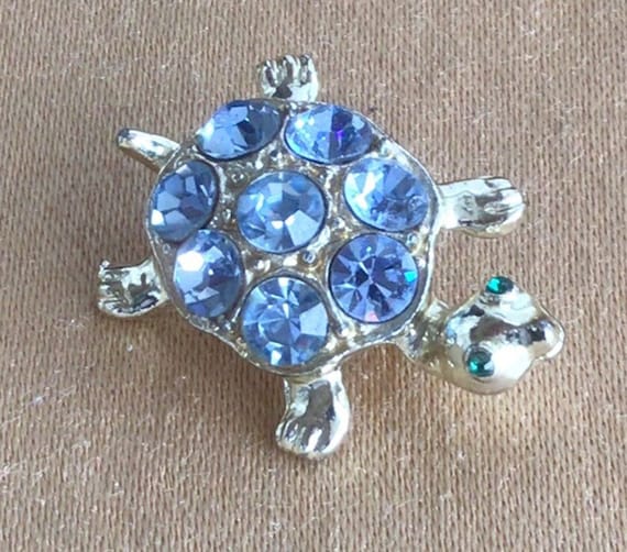 Light Blue Rhinestone Turtle Pin, Brooch, Green E… - image 1