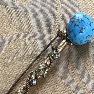 Turquoise Bead, Brass Scepter Brooch, Pin, Vintage, Rhinestone (W1)