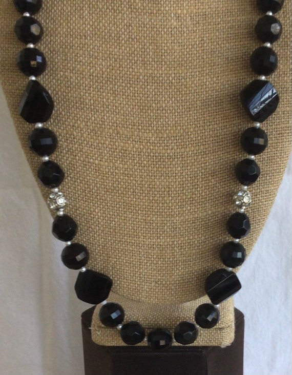 Black Plastic, Rhinestone Beaded Necklace, Adjust… - image 1