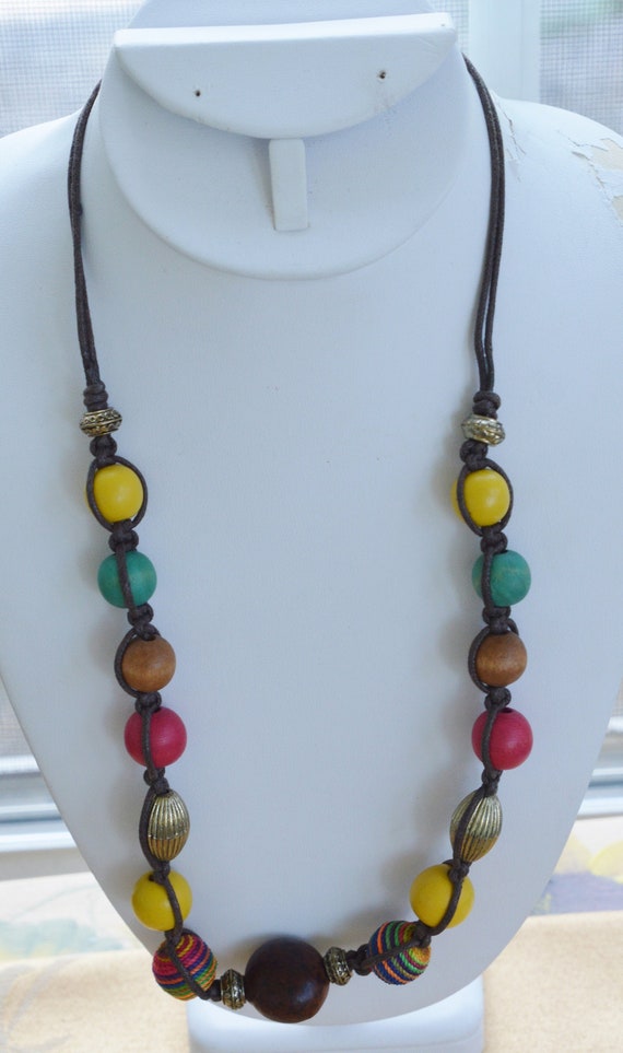 Multi-colored Wooden Beaded Necklace, Cord, Vintag