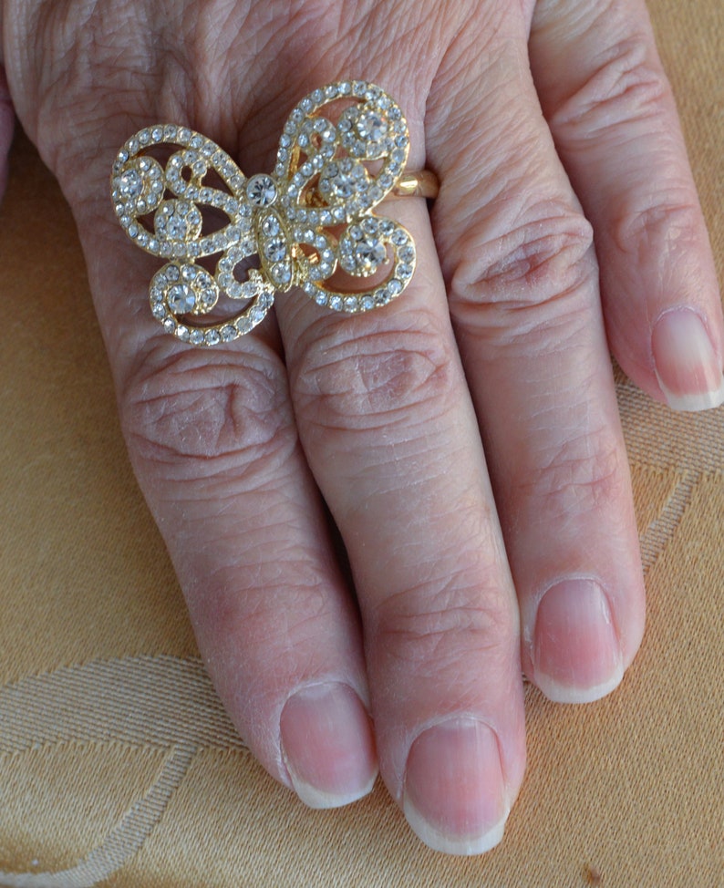 Vintage Gold tone Rhinestone Butterfly Ring Large TB406 Size 9