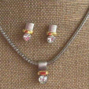 MONET Silver, Gold tone Cubic Zirconia Necklace, Pierced Earrings Set, 16”, Vintage (AE1)