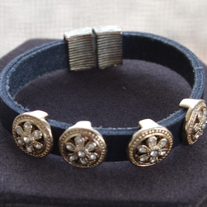 Rhinestone Floral Slide, Gold tone, Black Leather Magnetic Bracelet, 7-1/4&quot; (J7)