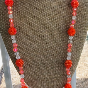 Coral Orange, Clear Plastic Beaded Necklace, Vintage, 30”