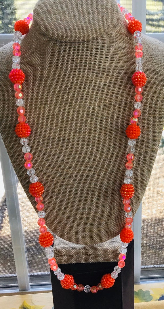 Coral Orange, Clear Plastic Beaded Necklace, Vint… - image 1