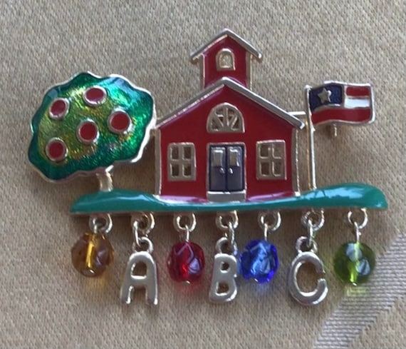 Colorful School house, ABC Brooch, Pin, Gold tone… - image 2